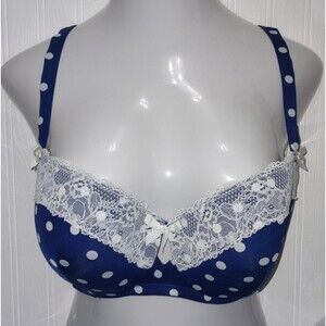Like New Size 42 DD Plus Cacique Blue and White Lace Polka Dot Bra
